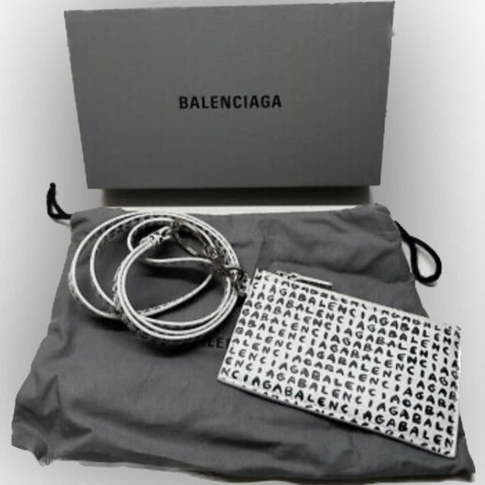 Balenciaga logo, print, lanyard, white and black.